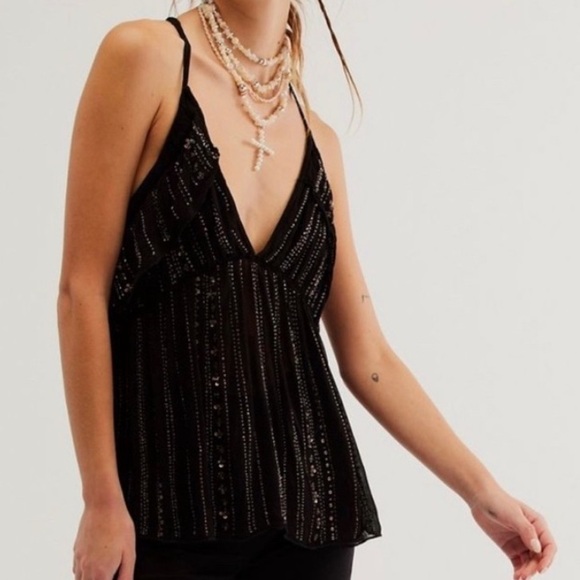 Free People Born to Shine Embellished Camisole Tank Top Black Medium - Picture 1 of 16